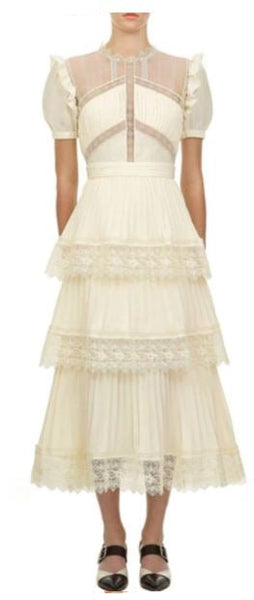 Beautiful sheer long, frilled light lace vintage summer dress in off-white.  Neckline - O-Neck Sleeve Style - Regular Dresses Length - Ankle Material - Microfiber Chiffon Material - Lace Closure Type - Zip Sleeve Length - Short Size - Runs small, choose one size up