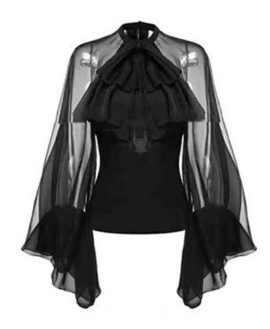 Sheer Chiffon Black Ruffle Bow Lantern Sleeve Blouse